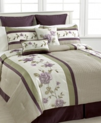 Garden-fresh. Reinvent your sleep space with this Rosemont comforter set, featuring panels of embroidered rose designs for a charming presentation. Comes complete with shams, bedskirt and two decorative pillows all in a captivating color range of purple, green and tan.