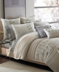 A Japanese-inspired foliage motif wends peacefully along the Platinum Zen duvet, accented by stylish cording at the edges and a soft natural hue.