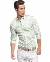 Prep your wardrobe for the spring season with this light striped shirt from INC International Concepts.