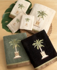 Bring a tropical touch to your powder room with Avanti Banana Palm Towels. Intricately embroidered potted palm and sleek satin trim. Made of softest 100% sheared cotton velour.