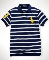 A modern trim-fitting polo is accented by a striped pattern and iconic Big Pony for a luxe, athletic look.