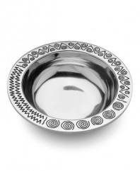 Serve with style! A pattern inspired by the popular music of Jamaica, this bowl from Armetale combines sleek metal with fun, festive design to form a tray that is formal enough to serve at dinner parties but casual and durable enough your everyday festivities.  Non-toxic metal keeps hot foods hotter and cold foods colder.