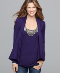Layers without effort, from Cha Cha Vente. The coordinating cardigan and shell are actually all one piece!
