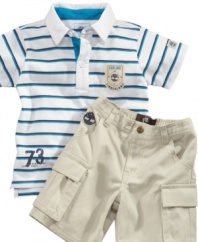 Freshen up. He'll be a clean-cut little man in this striped polo shirt and cargo shorts from Timberland.