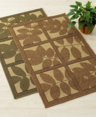 Featuring simple leaf patterns in soothing earth tones, this Bacova accent rug evokes the serenity of the forest in your home. Skid-resistant for secure footing. A flat woven loop construction and olefin yarns provide durability and stain resistance.