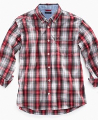 Plaid pops and he's sure to be popular in this preppy Tommy Hilfiger shirt.