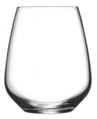 Smart style and sound construction make this set of Crescendo wine glasses sing. A stemless design with a fine rim and exceptional clarity is crafted in Luigi Bormioli's SON.hyx, a revolutionary glass that's guaranteed to resist chipping and discoloration.