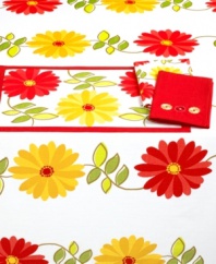 A fresh start for spring. Homewear's embroidered Bold Bloom napkins offer seasonal splendor with a trio of florals in vibrant red and gold. Pair with a printed tablecloth and placemats.
