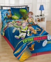 To bedtime and beyond! This bold and colorful comforter set tucks kids in with familiar faces from Disney's Toy Story. Reverses to a graphic dot pattern.
