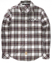 Classic plaid pops. This Sean John button down shirt easily carries you from daytime casual to preppy and popular at night.