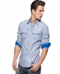 Reverse trends of boring casual style with this contrast-sleeved woven shirt from INC International Concepts.