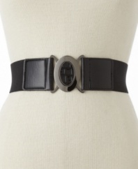 Add style in a cinch. Stretch belt by Nine West features a polished buckle with faux patent leather accent.