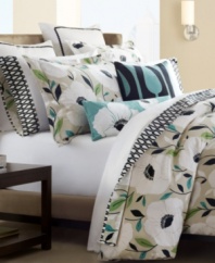 Beautifully bold poppies and colorful leaves dance across a serene neutral background in this modern comforter set from Echo. Featuring pure cotton sateen that reverses to an allover black and white geometric print. The coordinating solid green bedskirt finishes the look with a fresh, fashionable flair.