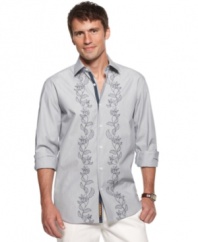 Add some energy to your vacation style with this button-front shirt from Cubavera.