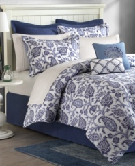 Feel the calming effect of ocean waves with this Nantucket comforter set, featuring a flourishing paisley pattern in soothing blue and white tones. Comes complete with printed shams and solid bedskirt and European shams. Two decorative pillows draw in nautical rope and seashell elements for the feel of a perfect beach bungalow.