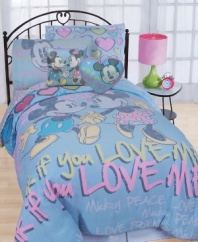 I heart Mickey! The Mickey Mouse and Minnie Mouse sheet set is all about love with a heart print and coordinating Disney graphics that match the comforter set. (Clearance)