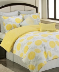 Vibrant yellow chrysanthemums with light gray stems create a complete perk-up for your modern bedroom. A basket weave accent lines the reverse and decorative pillow while solid gray offers a perfect backdrop for the cascading flowers. Fine embroidery and thin piping leave exquisite finishing touches on the ensemble. (Clearance)