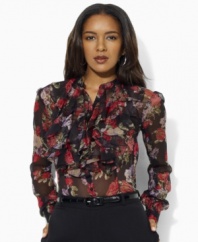 This airy blouse from Lauren by Ralph Lauren is designed in sheer crinkled georgette with romantic ruffles and bright florals for an elegant modern look.