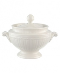 Distinguished by rich relief patterns in milky white china, the Cellini collection brings European classicism to the table. Shaped like a miniature tureen, ridged sugar bowl has a braided design and finial top. Microwave and dishwasher safe.