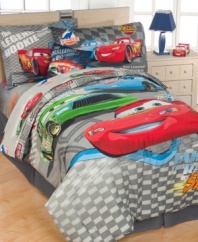 Zoom off to sleep in the plush comfort and fun design of the Disney Cars comforter set. Featuring bold racing graphics, appliqués, embroidery and the peppy characters of the hit movie, this comforter set is sure to rev up your room with playful, eye-catching style.