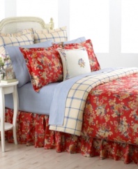 Bright and beautiful, Lauren by Ralph Lauren's Madeline duvet cover set brings a classic look to the bedroom in cheerful cherry red. A smart dishtowel plaid on the duvet cover reverse complements the cotton sateen flower print for a refreshing, uplifting appeal. Featuring finished with chambray cording; gathered bedskirt with split corners.