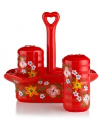 Very crafty. Pasha salt and pepper shakers appeal with a homespun look and feel in organically shaped, artfully hand-painted earthenware from Tabletops Unlimited. With a handled caddy and secret design on the base of each piece.