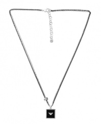 Raise the bar with superior style. This trendy men's necklace by Emporio Armani features a square onyx (1-1/2 mm) dog tag with the Emporio Armani logo. Double chain crafted in black ruthenium and sterling silver. Approximate length: 20 inches + 2-inch extender. Approximate drop: 1-1/2 inches.