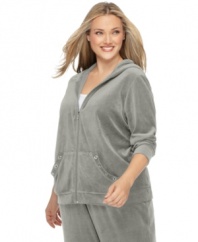 Grommets lend a cool edge to On Que's plus size hoodie, crafted from ultra-soft velour-- make it a set with the matching pants. (Clearance)