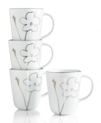 Wildflowers gleam in polished platinum, adding whimsical glow to the Grand Buffet Platinum Silhouette mugs. A banded edge adds a classic touch to a pattern with modern spirit.