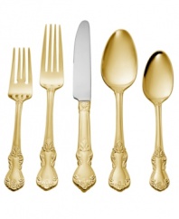 Regal elegance meets everyday convenience in the Kingsley Gold flatware set. Shapely place settings with old-world flourishes and a radiant golden hue exude classic sophistication in dishwasher-safe stainless steel by Hampton Forge.
