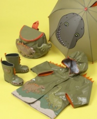 His favorite predators lurk in the rain. He'll go undercover with a fun-loving raincoat with friendly dinosaur motifs at the front pockets and at the back. Pretend scales spike at the shoulder. Contrast color trims the hood and cuffs. Easy snap close.