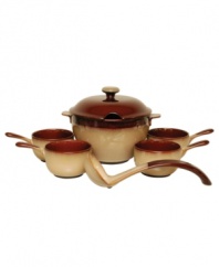Warm up with French onion, split pea and the cool retro styling of the Nova 7-piece soup set from Sango's collection of serveware and serving dishes. Oven-safe bowls and a coordinating soup tureen make it easier than every to get a hot, delicious meal.