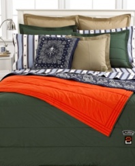 Smart and stylish, the sporty Tate comforter from Lauren by Ralph Lauren offers two ways to get cozy. Use on the bed as a reversible comforter, or zip to create a sleeping bag! Featuring engineered quilting with a functional zipper on 3 sides. Patch on nylon front.