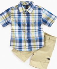 Such a socialite. He'll be popular in plaid with this sharp button-front shirt and cargo short set from Nautica.