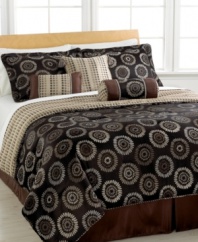 Under the sun. A modern sunburst design lends sleek sophistication to the bedroom in this jacquard woven Sunburst comforter set, featuring a dramatic, earthy palette. Reverses to an allover dot pattern in coordinating hues. Finished with decorative twisted cord and tassel accents for a touch of charm.