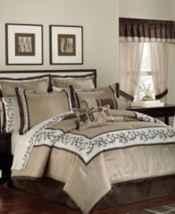 Traditional elegance, redefined. An embroidered flourish design accents tones of taupe, ivory and mocha for a classic look perfect in any season. This extensive Genova room in a bag also includes window treatments for a stylish, coordinated appeal. (Clearance)