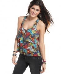 Floral print wears like awesome pop art on this tiered and zippered top from Material Girl!