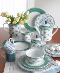 Create your own look by mixing and matching Switch 3's four distinctive patterns. The dinner plates are crafted in dishwasher-safe white porcelain with varied blue and green motifs.