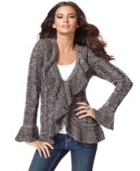 No wardrobe is complete without a cozy marled knit cardigan! INC's version gives this essential a feminine look with plenty of ruffled trim.