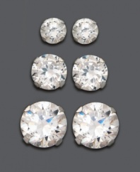 Mix and matchable sparkle for any day of the week. Three pair earring set features round-cut cubic zirconias (2-3/4 ct. t.w.) in a 14k white gold post setting. Approximate diameter: 1/8 inch, 3/16 inch, and 1/4 inch.