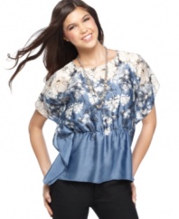 Flowers are in bloom on this top from BCX, where soft ruffled fabric and a floral design are the definition of gorgeous!