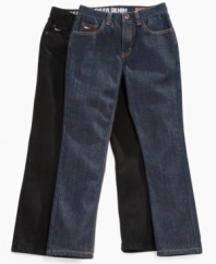 What's the skinny on these jeans? Just that their modern fit is at the top of the cool list. Tommy Hilfiger scores with pairs in black or blue.