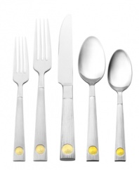 The Maya flatware set by Hampton Forge is simply striking with its bright yellow sun at the base of the handle. Detailed with etched lines that call attention to the beautiful proportion of the set, it's ideal for casual yet sophisticated table settings.