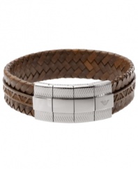 Simple sophistication. This trendy men's bracelet by Emporio Armani combines a brown leather braided band with an adjustable stainless steel closure, featuring the company's signature logo. Approximate length: 7-1/4 inches.