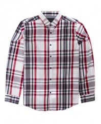 Rev up your weekend wardrobe with this casual plaid shirt from No Retreat.