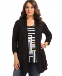 Snag a two-for-one special with AGB's plus size layered look top, featuring an open front cardigan and printed inset.