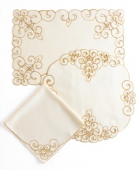 Swirling blooms embroidered in white or gold cut beautifully into Lancelot napkins for decor in need of old-world elegance. A scalloped edge echoes the classic motif as it scrolls from corner to corner.