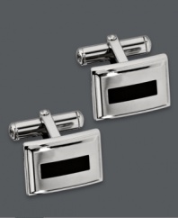 Polish your every day look. These stately cuff links features a stainless steel setting and rectangular black enamel accents. Pair features a swivel backing for easy use. Approximate length: 5/8 inch. Approximate width: 1/2 inch.