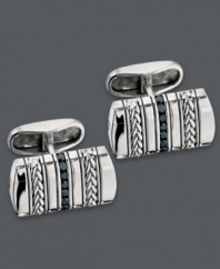 Spruce up any work suit with polish and shine. This sophisticated cuff link style features a chic braided design with a row of round-cut black diamonds (1/2 ct. t.w.). Crafted in sterling silver. Approximate length: 9/10 inch. Approximate width: 1/2 inch.