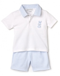 He'll look great in gingham! Kissy Kissy's completes his look with a short sleeve polo, embroidered with a teddy bear at the chest and complementary gingham short.